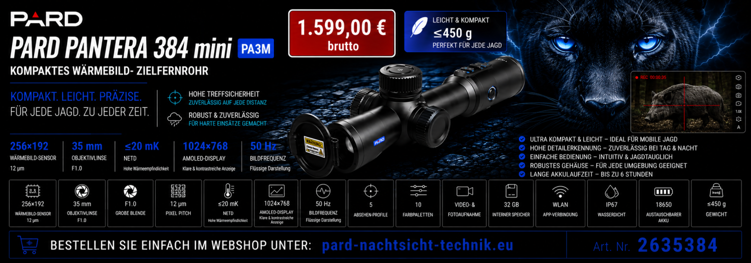 PARD PANTERA 384 mini PA3M – Kompaktes Wärmebild- Zielfernrohr 256×192-Sensor und 35-mm-Objektiv PARD PANTERA 384 mini PA3M – Kompaktes Wärmebild- Zielfernrohr 256×192-Sensor und 35-mm-Objektiv
