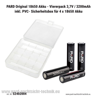 PARD Original 18650 Akku - Viererpack 3,7V / 3200mAh inkl. PVC-Sicherheitsbox für 4 x 18650 Akku