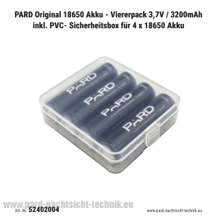 PARD Original 18650 Akku - Viererpack 3,7V / 3200mAh inkl. PVC-Sicherheitsbox für 4 x 18650 Akku