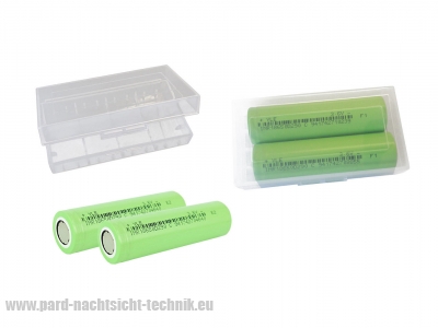 Akkubox Universal transparent inklusive 2 Stück Sanyo / Panasonic 18650 Akku - Zellen Art. Nr. 4001